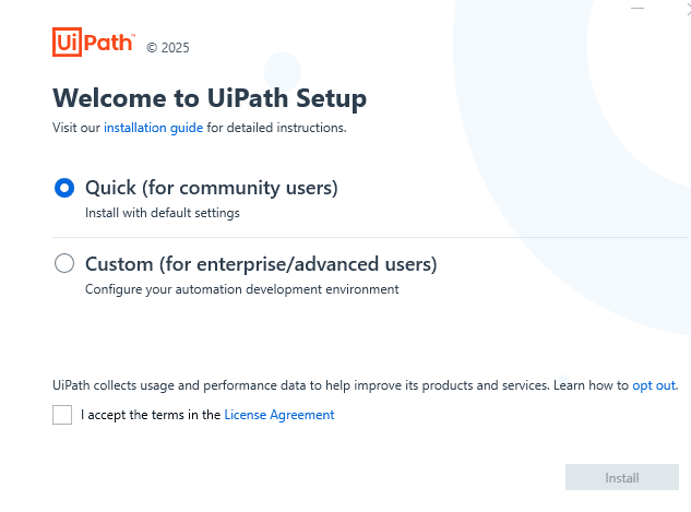 uiPath Studio initial installation window